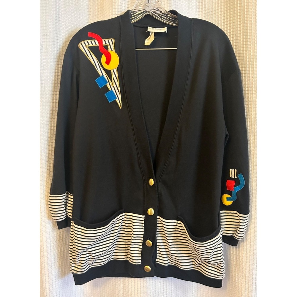 VTG 80s Geometric Art Abstract Black Cardigan Size Small